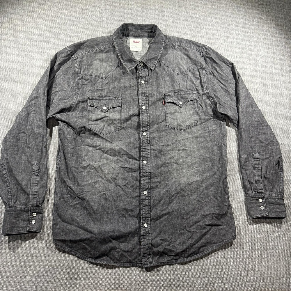 Levis Shirt Mens 2XL Gray Chambray Western Pearl Snap Long Sleeve Cowboy